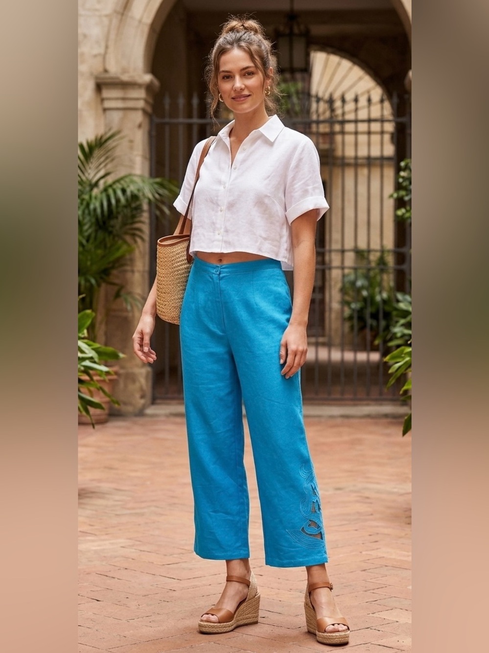 SHANA K Cropped Pull-on Turquoise Pants with Mesh Cutout Design